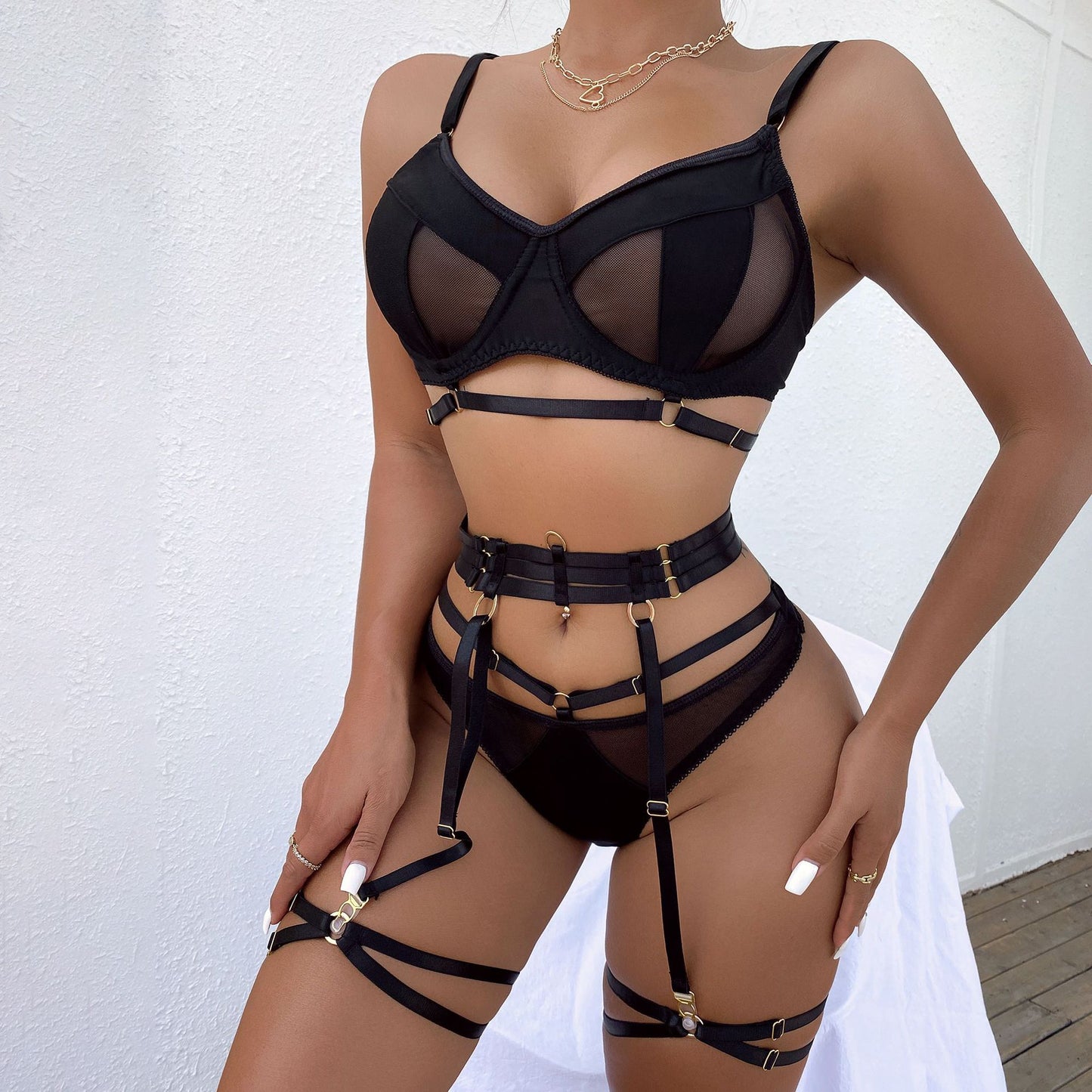 Spring and Summer Fashion Lace Complex Craft Gathered Hollow-out Mesh Sexy Lingerie Four-piece Set for Women
