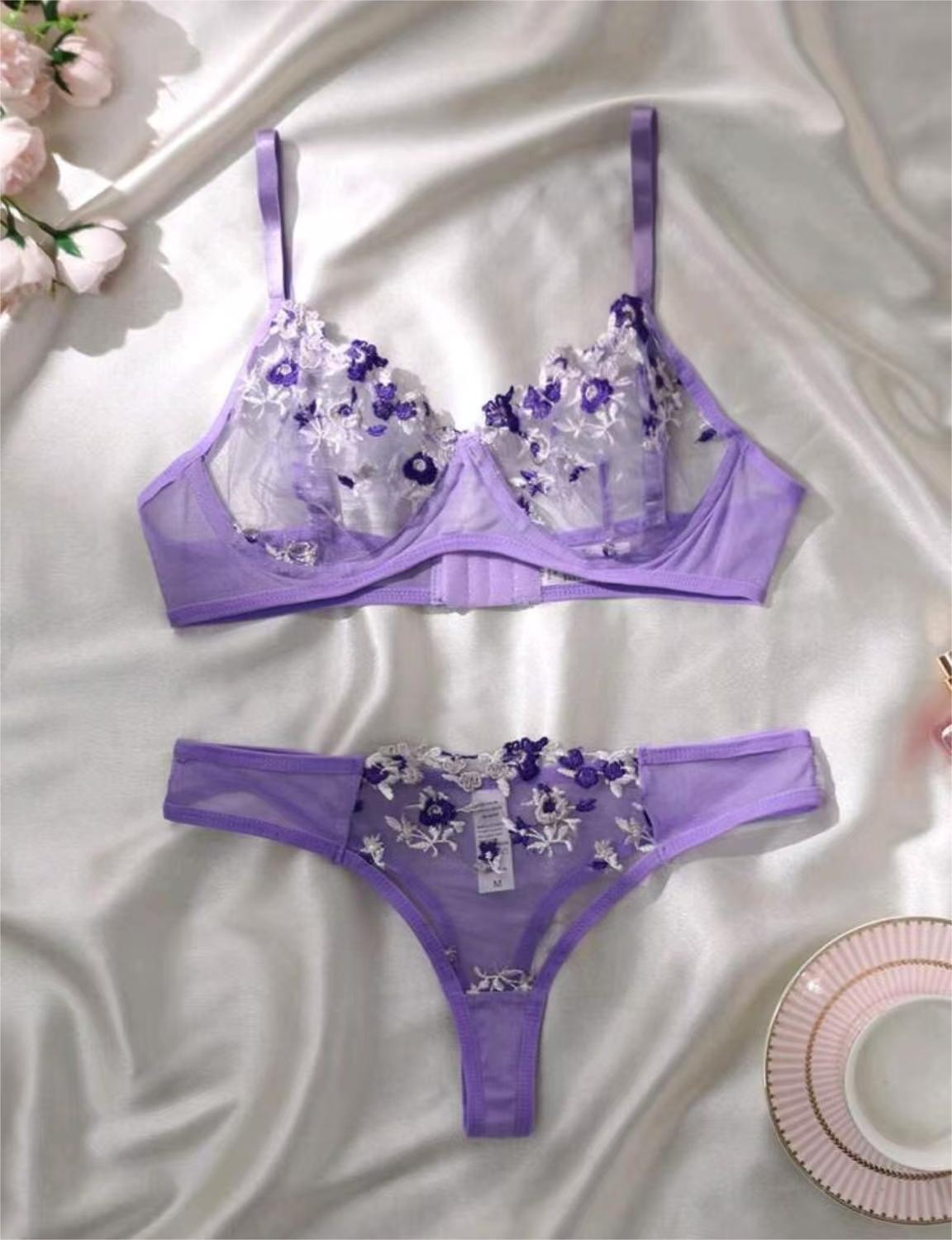 Women's Intimates Sweet and Sexy Low Waist Floral Embroidery Mesh Transparent Lingerie Two-Piece Set