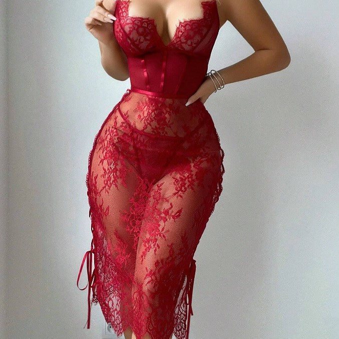 Lace Hollow-out Red Sexy Chest-exposing Bodycon Lingerie Dress