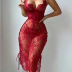 Lace Hollow-out Red Sexy Chest-exposing Bodycon Lingerie Dress
