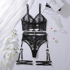 Sexy lingerie three piece embroidered hollow perspective shaping set