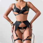 Hollow out backless transparent sexy lingerie garter belt four piece set