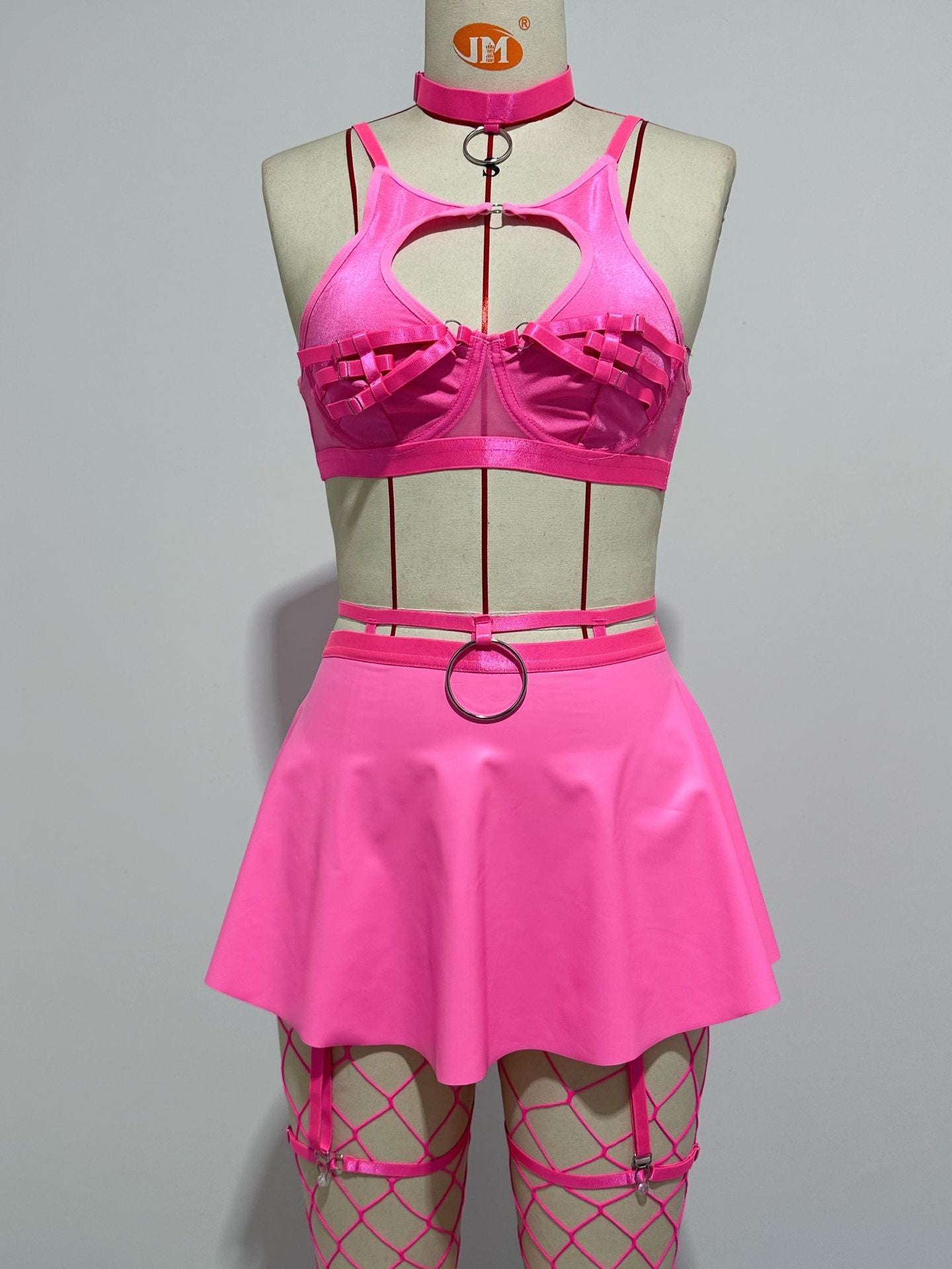 Lace Sexy Lingerie Set Bra Set Solid Color Leather Skirt with Fishnet Stockings Women's