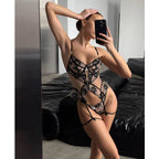 Sexy Lingerie Set - Sheer Mesh and Lace Bra, Panties, and Garter Belt Three-Piece Suit