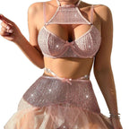 Shiny Sequin Nightclub Wear Bow Sequin Strapless Sexy Mesh Lingerie