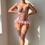 Sexy Pink Transparent Floral Embroidered Mesh Romper Lingerie