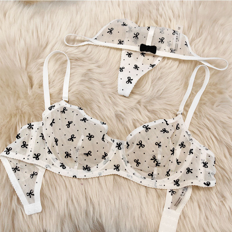 Ultra-thin lace lingerie set flocking printed thin straps comfortable breathable gathered sexy girls bra women large underwear