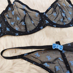 Ultra-thin lace lingerie set flocking printed thin straps comfortable breathable gathered sexy girls bra women large underwear