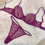 Ultra-thin lace lingerie set flocking printed thin straps comfortable breathable gathered sexy girls bra women large underwear