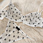 Ultra-thin lace lingerie set flocking printed thin straps comfortable breathable gathered sexy girls bra women large underwear