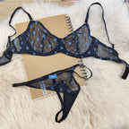 Ultra-thin lace lingerie set flocking printed thin straps comfortable breathable gathered sexy girls bra women large underwear