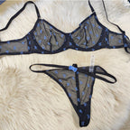 Ultra-thin lace lingerie set flocking printed thin straps comfortable breathable gathered sexy girls bra women large underwear