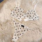 Ultra-thin lace lingerie set flocking printed thin straps comfortable breathable gathered sexy girls bra women large underwear