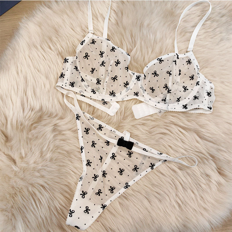 Ultra-thin lace lingerie set flocking printed thin straps comfortable breathable gathered sexy girls bra women large underwear