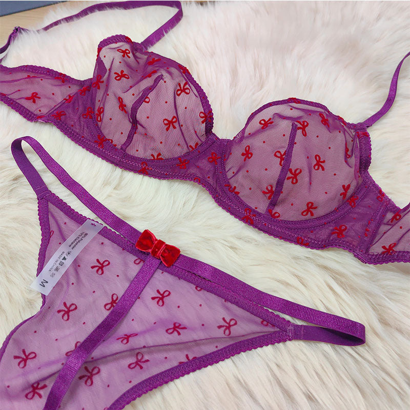 Ultra-thin lace lingerie set flocking printed thin straps comfortable breathable gathered sexy girls bra women large underwear