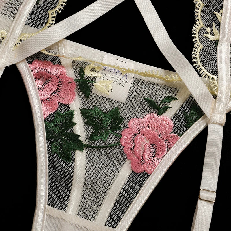 Erotic Female Lingerie Sets Floral Embroidery Sexy Transparent Underwear Porn Sexual 3 Piece Lingerie Women Bra and Panty Set