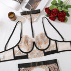 Erotic Women's Lingerie 5-Piece Set Hanging Neck Leopard Embroidered Bra Panty Garter Sets See-Through Patchwork Sexy Underwear