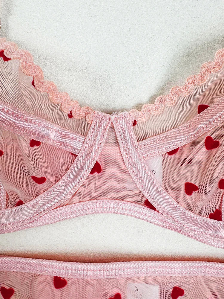 French Ultra Thin Women Underwire Set Sexy Lace Peach Heart Embroidery Bra Set Romantic Pink Transparent Lingerie With Thong