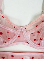 French Ultra Thin Women Underwire Set Sexy Lace Peach Heart Embroidery Bra Set Romantic Pink Transparent Lingerie With Thong