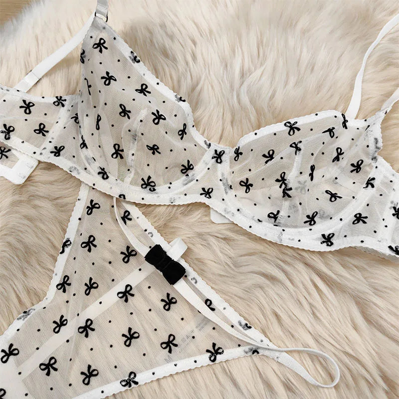 Ultra-thin lace lingerie set flocking printed thin straps comfortable breathable gathered sexy girls bra women large underwear