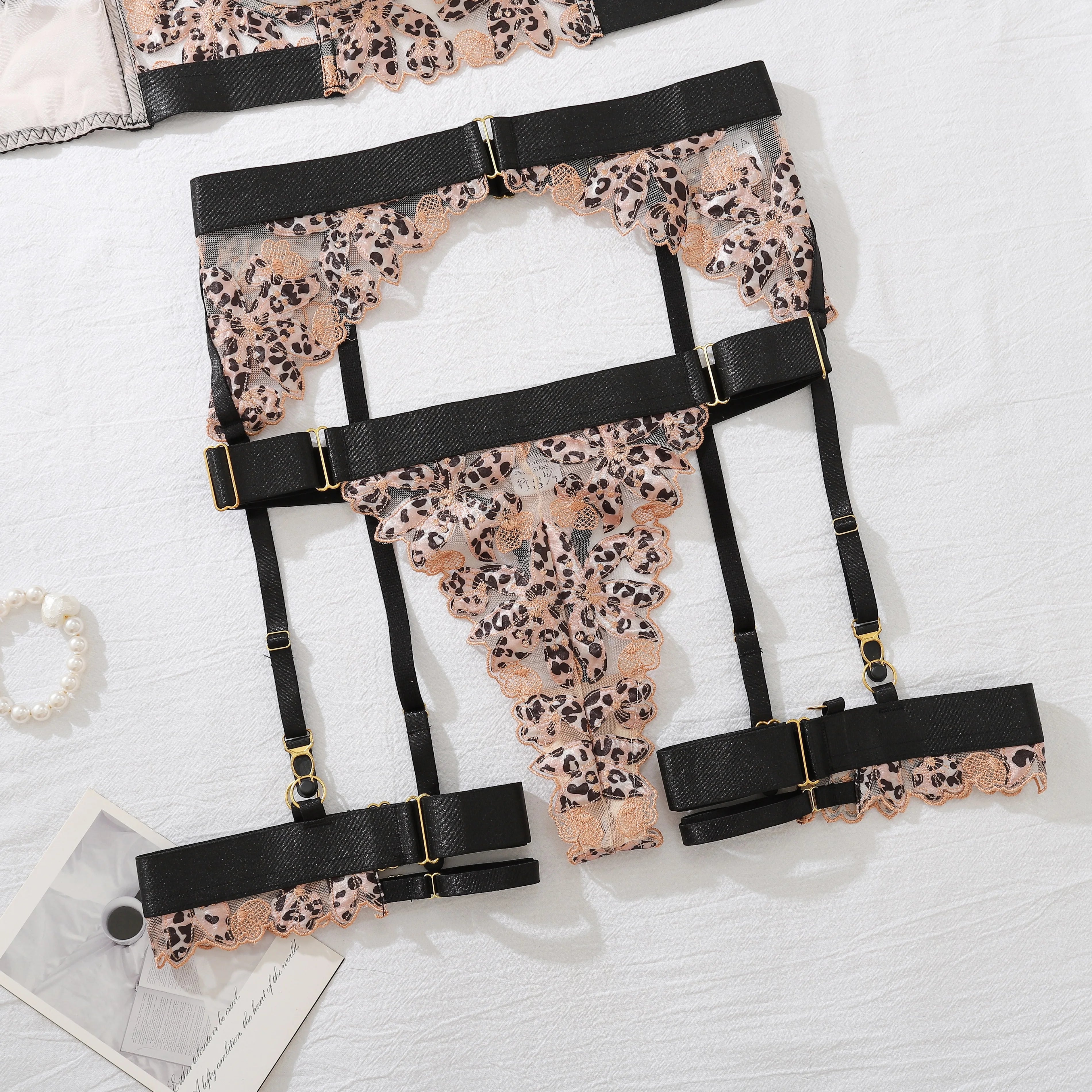 Erotic Women's Lingerie 5-Piece Set Hanging Neck Leopard Embroidered Bra Panty Garter Sets See-Through Patchwork Sexy Underwear