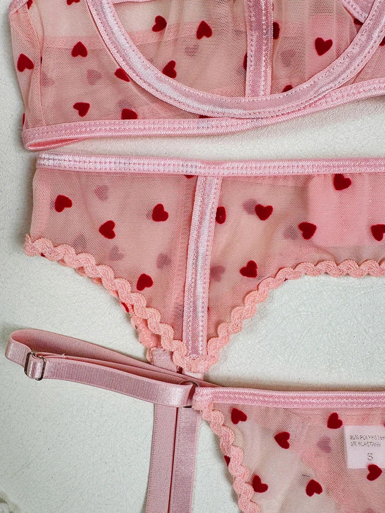 French Ultra Thin Women Underwire Set Sexy Lace Peach Heart Embroidery Bra Set Romantic Pink Transparent Lingerie With Thong