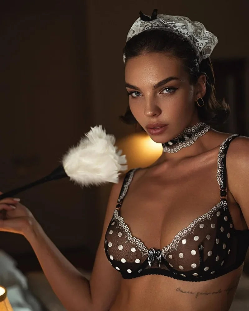 Toucheart Sexy Interesting Underwear Set for Women Lace Patchwork Bow Knot Sexy Polka Dot Underwear Set Girdle Garter Underwear