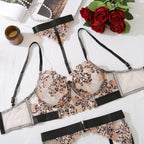 Erotic Women's Lingerie 5-Piece Set Hanging Neck Leopard Embroidered Bra Panty Garter Sets See-Through Patchwork Sexy Underwear