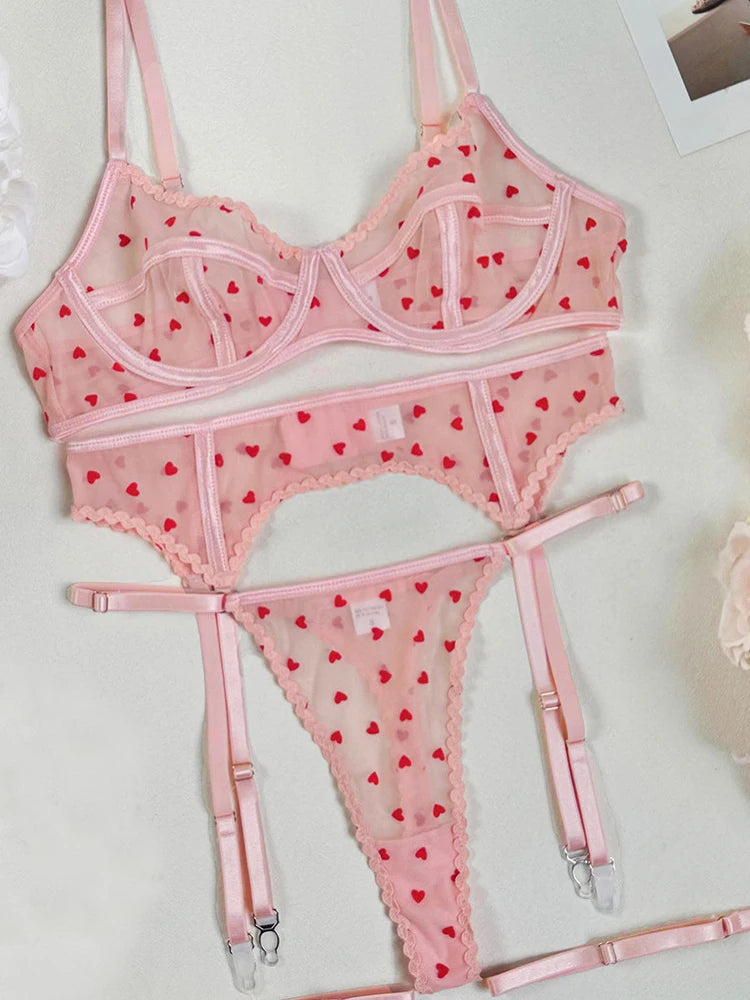 French Ultra Thin Women Underwire Set Sexy Lace Peach Heart Embroidery Bra Set Romantic Pink Transparent Lingerie With Thong