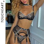 Toucheart Sexy Interesting Underwear Set for Women Lace Patchwork Bow Knot Sexy Polka Dot Underwear Set Girdle Garter Underwear