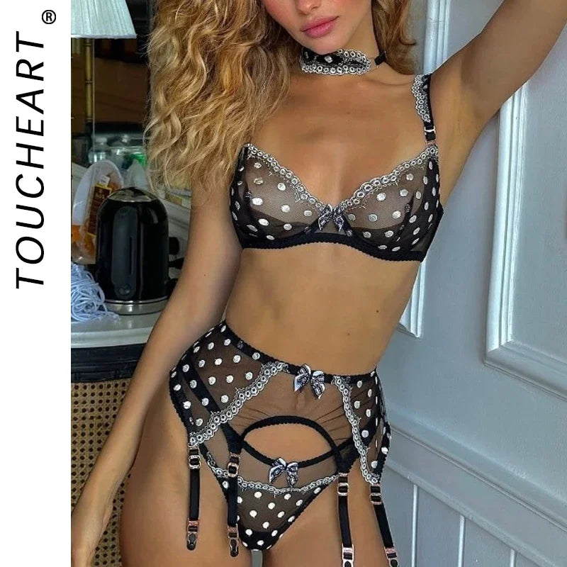 Toucheart Sexy Interesting Underwear Set for Women Lace Patchwork Bow Knot Sexy Polka Dot Underwear Set Girdle Garter Underwear