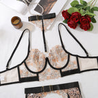 Erotic Women's Lingerie 5-Piece Set Hanging Neck Leopard Embroidered Bra Panty Garter Sets See-Through Patchwork Sexy Underwear