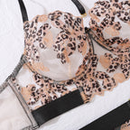 Erotic Women's Lingerie 5-Piece Set Hanging Neck Leopard Embroidered Bra Panty Garter Sets See-Through Patchwork Sexy Underwear