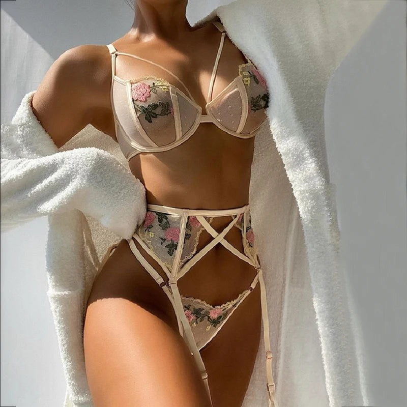 Erotic Female Lingerie Sets Floral Embroidery Sexy Transparent Underwear Porn Sexual 3 Piece Lingerie Women Bra and Panty Set