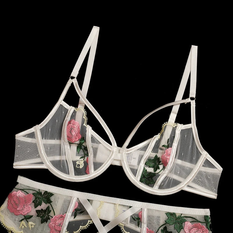 Erotic Female Lingerie Sets Floral Embroidery Sexy Transparent Underwear Porn Sexual 3 Piece Lingerie Women Bra and Panty Set