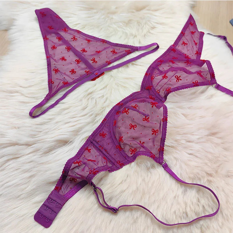 Ultra-thin lace lingerie set flocking printed thin straps comfortable breathable gathered sexy girls bra women large underwear