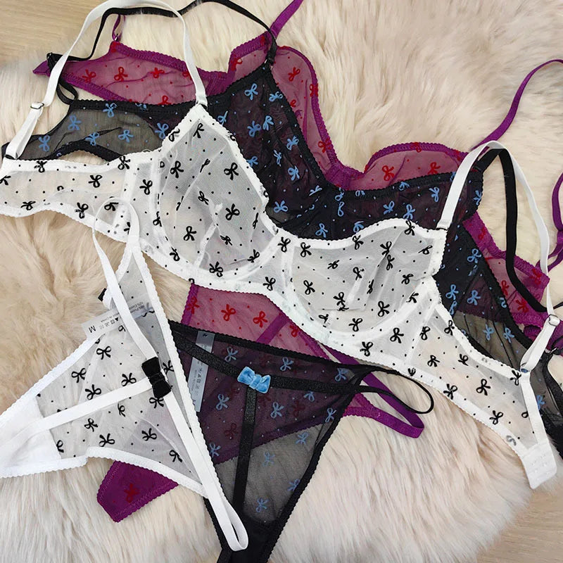 Ultra-thin lace lingerie set flocking printed thin straps comfortable breathable gathered sexy girls bra women large underwear