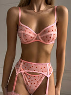 French Ultra Thin Women Underwire Set Sexy Lace Peach Heart Embroidery Bra Set Romantic Pink Transparent Lingerie With Thong