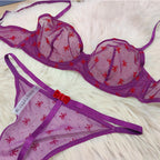 Ultra-thin lace lingerie set flocking printed thin straps comfortable breathable gathered sexy girls bra women large underwear