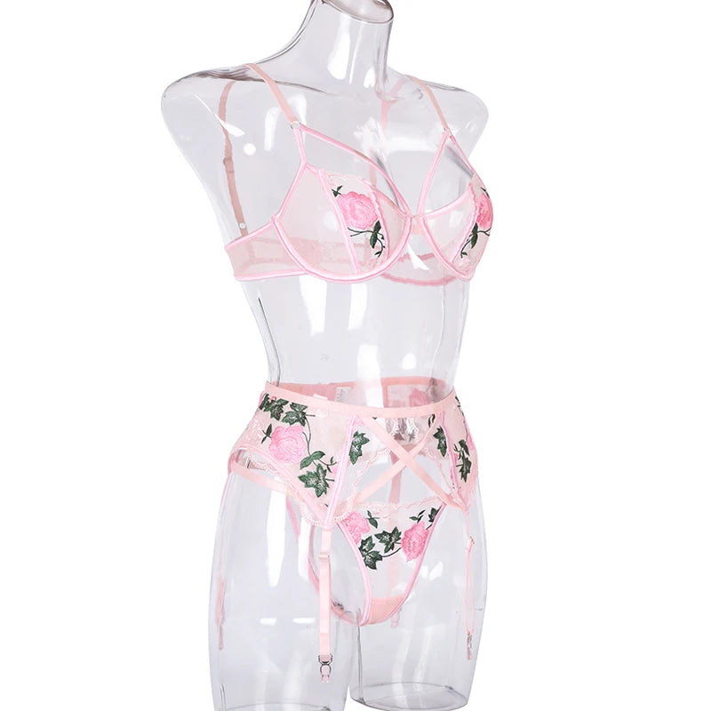 Erotic Female Lingerie Sets Floral Embroidery Sexy Transparent Underwear Porn Sexual 3 Piece Lingerie Women Bra and Panty Set