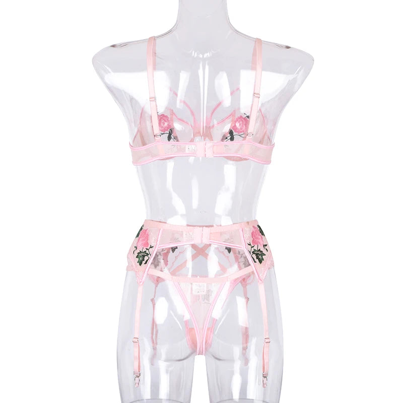 Erotic Female Lingerie Sets Floral Embroidery Sexy Transparent Underwear Porn Sexual 3 Piece Lingerie Women Bra and Panty Set