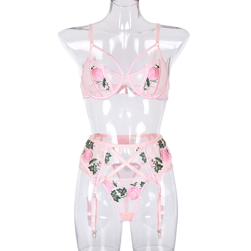 Erotic Female Lingerie Sets Floral Embroidery Sexy Transparent Underwear Porn Sexual 3 Piece Lingerie Women Bra and Panty Set
