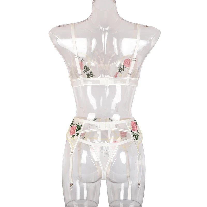 Erotic Female Lingerie Sets Floral Embroidery Sexy Transparent Underwear Porn Sexual 3 Piece Lingerie Women Bra and Panty Set