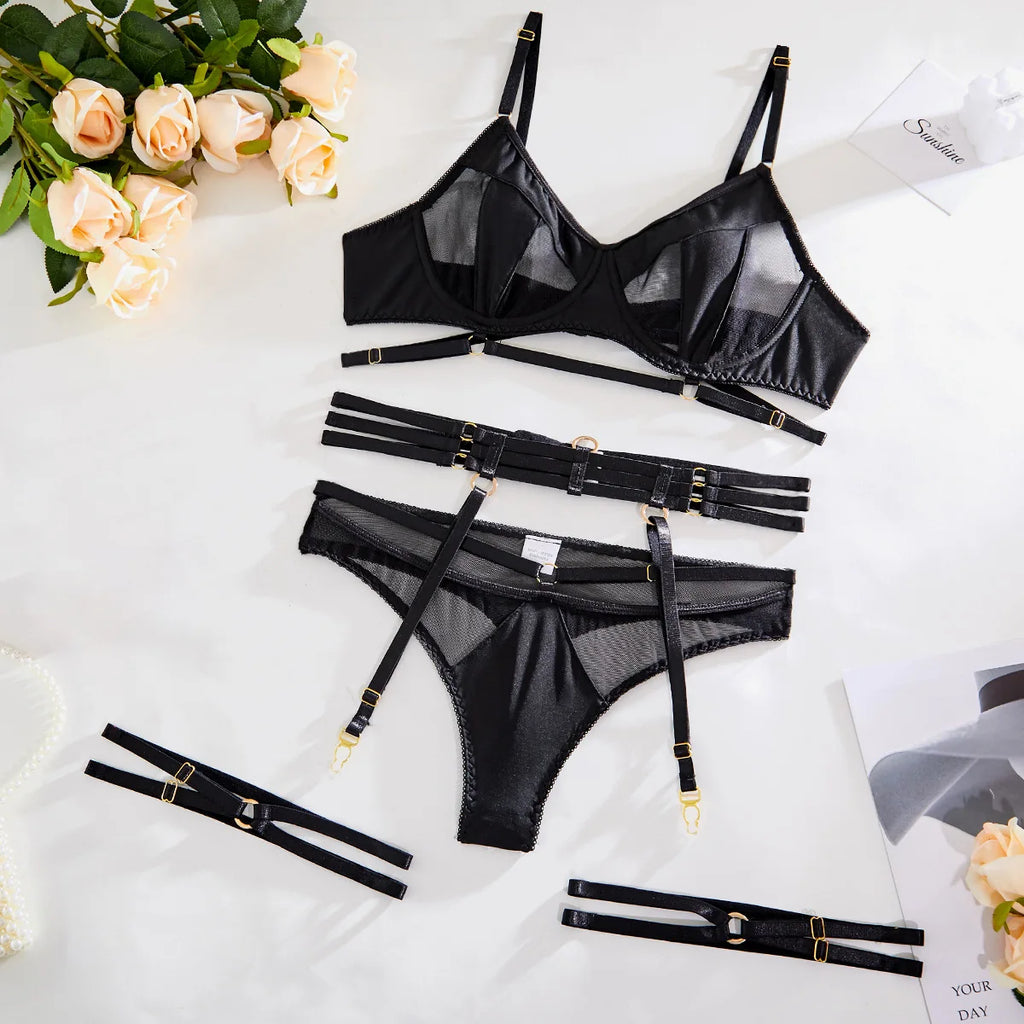 Women's Sexy Lingerie Set with Garter Belt Matching Bra and Panty Lingeries Sets 4 Piece