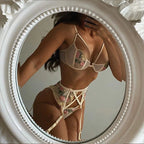 Erotic Female Lingerie Sets Floral Embroidery Sexy Transparent Underwear Porn Sexual 3 Piece Lingerie Women Bra and Panty Set