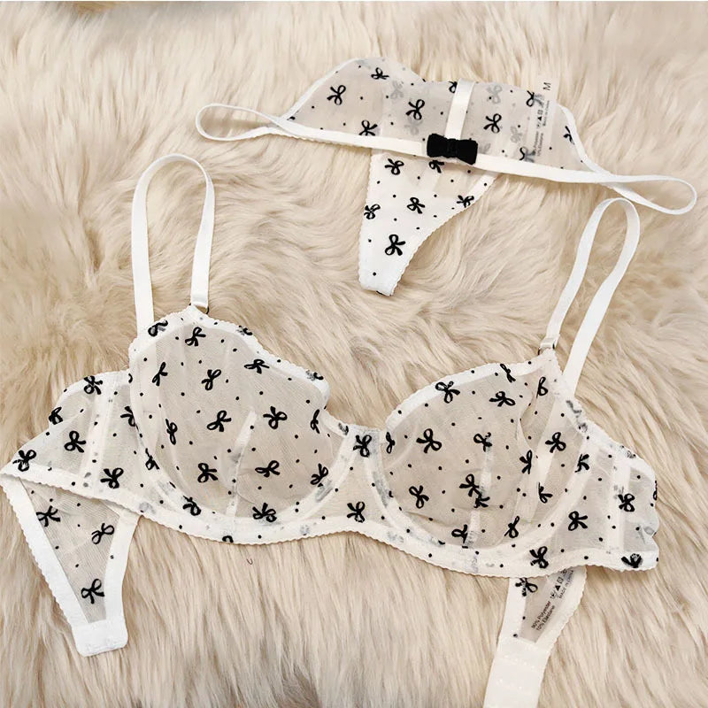 Ultra-thin lace lingerie set flocking printed thin straps comfortable breathable gathered sexy girls bra women large underwear