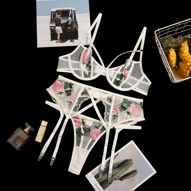 Erotic Female Lingerie Sets Floral Embroidery Sexy Transparent Underwear Porn Sexual 3 Piece Lingerie Women Bra and Panty Set