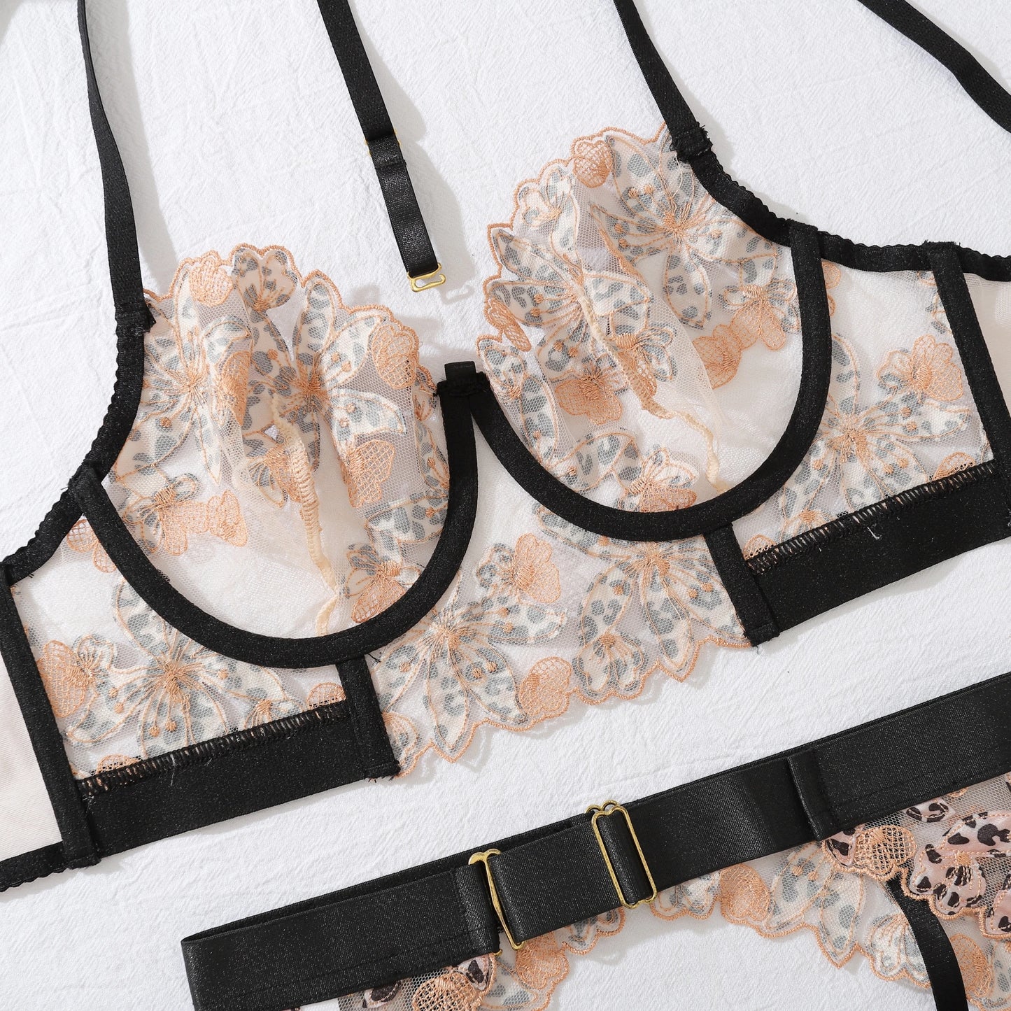 Erotic Women's Lingerie 5-Piece Set Hanging Neck Leopard Embroidered Bra Panty Garter Sets See-Through Patchwork Sexy Underwear