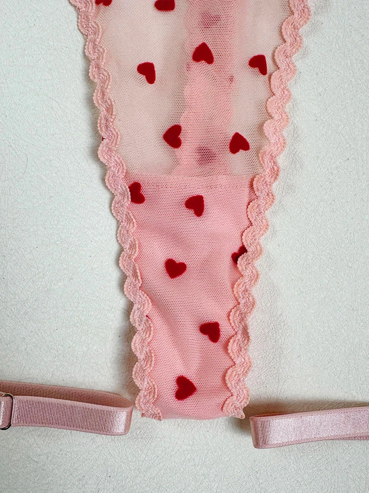 French Ultra Thin Women Underwire Set Sexy Lace Peach Heart Embroidery Bra Set Romantic Pink Transparent Lingerie With Thong