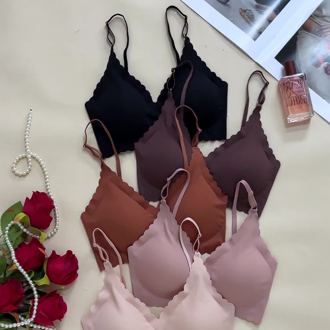 5 Pcs Elegant Solid Bras, Scallop Trim Adjustable Strap Seamless T-shirt Bra, Women's Lingerie & Underwear